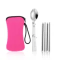 Tragbares Besteckset aus Edelstahl mit Klapplöffel, Stäbchen und pinker Aufbewahrungstasche. - Gabel-Löffel + Stäbchen / Rosa Beutel