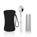 Tragbares klappbares Edelstahl Spork und Stäbchen Besteck Set mit schwarzer Tasche. - Gabel-Löffel + Stäbchen / Schwarze Aufbewahrungstasche