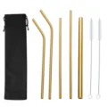 Set de pajitas de acero inoxidable dorado con cepillos y bolsa negra para bebidas. - Bolsa Negra + Juego de 7 Piezas / Juego de 7 / Dorado
