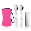 Tragbares Klapp-Besteckset aus Edelstahl mit rosa Etui Löffel Gabel und Stäbchen. - Löffel + Gabel-Löffel + Stäbchen / Rosa Beutel