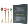 Weihnachtsbesteck Set aus Edelstahl Löffel und Gabel mit süßen Silikon Dekorationen. - Gabel / 4-teilig (Grüne Glücksbox) / Gold