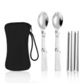 Tragbares Edelstahl Klappbar Löffel Gabel Stäbchen Besteck Set mit Aufbewahrungstasche - Löffel + Gabel-Löffel + Stäbchen / Schwarze Aufbewahrungstasche