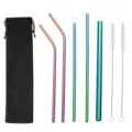 Juego de pajitas de acero inoxidable arcoíris con cepillos de limpieza y bolsa negra. - Bolsa Negra + Juego de 7 Piezas / Juego de 7 / Blanco AB
