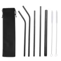 Set de pajitas de acero inoxidable negro con cepillos de limpieza y bolsa de tela. - Bolsa Negra + Juego de 7 Piezas / Juego de 7 / Negro