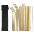 304 Acero Inoxidable Pajitas Set con Bolsita y Cepillos Oro Reutilizables Bebidas - Bolsa Negra + Juego de 17 Piezas / Juego de 17 piezas / Dorado