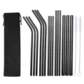 Juego de pajitas de acero inoxidable negro con cepillos de limpieza y bolsa de tela. - Bolsa Negra + Juego de 17 Piezas / Juego de 17 piezas / Negro