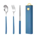 Tragbares Edelstahl Besteckset Löffel Gabel Stäbchen mit Aufbewahrungsbox blau - 3-teiliges Besteck-Set mit Essstäbchen in Pfauenblau