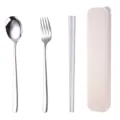 Portable stainless steel cutlery set with spoon fork chopsticks and case for outdoor travel. - Wheat Case-Silver
