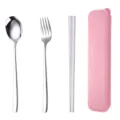 Portable stainless steel cutlery set with pink storage box, fork spoon chopsticks for travel. - Pink Case-Silver