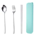 Portable stainless steel cutlery set with spoon fork chopsticks and green storage case for travel. - Green Case-Silver