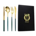 Stainless steel cutlery set with dark green handles and gold finish, includes gift box. - Green Gold Knife Fork Spoon Chopsticks Four-Piece Set