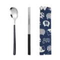 Set di cucchiaio e bacchette in acciaio inox portatile con custodia con gatto carino. - Set da 2 pezzi con cucchiaio e bacchette / Borsa Gatto Carino / argento nero