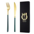 Set di posate in acciaio inossidabile forchetta e coltello oro con manico verde scuro - Coltello e forchetta / Verde e oro