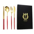 Stainless steel cutlery set featuring chopsticks, spoon, fork, knife in red and gold with gift box. - Red Gold Knife Fork Spoon Chopsticks Four-Piece Set