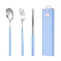 Tragbares 304 Edelstahl Besteckset mit Gabel Löffel Stäbchen und blauer Aufbewahrungsbox - Himmelblaues 3-teiliges Set aus Löffel, Gabel & Essstäbchen