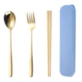 Korean portable stainless steel gold tableware set spoon fork chopsticks with case SKU variant - Blue Box - Gold