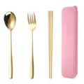 Portable gold stainless steel flatware set with pink case, perfect for outdoor and school use. - Powder Case - Gold