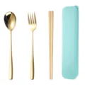 Portable gold stainless steel cutlery set with spoon fork chopsticks and case for travel - Green Case-Gold