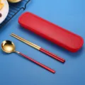 304 Edelstahl Löffel Stäbchen Tragbares Besteck Set Rot Gold Koreanischer Stil - 2-teilige Löffel- und Essstäbchen-Sets / Roségold Rot