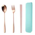 Portable rose gold stainless steel tableware set with spoon fork chopsticks and storage case - Green Case-Rose Gold