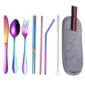 Rainbow stainless steel cutlery set with portable felt bag, fork spoon knife straws, eco-friendly. - Grey Bag + Rainbow 8-Piece Set / Knife Spoon Fork Chopsticks Straw Brush