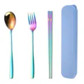 Portable stainless steel rainbow tableware set with storage case, durable fork spoon chopsticks. - Blue Box - Rainbow