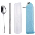 Portable stainless steel tableware set with spork, chopsticks, storage case and mesh bag. - Cutlery Set with Blue Bag / Silver