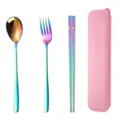 Portable rainbow stainless steel tableware set with pink case spoon fork chopsticks. - Pink Case-Iridescent