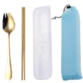Portable gold stainless steel tableware set with spork, chopsticks, case and mesh bag. - Cutlery Set with Blue Bag / Gold