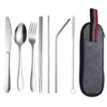 Stainless steel portable cutlery set with fork, spoon, chopsticks, straws, and storage pouch. - Black Bag + Silver 8-Piece Set / Knife Spoon Fork Chopsticks Straw Brush