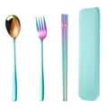 Korean portable stainless steel tableware set with spoon, fork, chopsticks and case. - Green Case-Iridescent