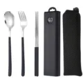 Tragbares Besteckset aus Edelstahl mit schwarzem Griff, Löffel Gabel Stäbchen in Box - 3-teiliges Besteck-Set in Gentleman-Schwarz mit Netztasche