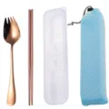 Portable stainless steel cutlery set with rose gold spork, chopsticks, case, and mesh bag. - Cutlery Set with Blue Bag / Rose Gold