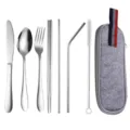 Stainless steel portable cutlery set with gray felt storage bag, knife, spoon, fork. - Gray Bag + Silver 8-Piece Set / Knife Spoon Fork Chopsticks Straw Brush