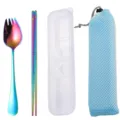 Portable rainbow stainless steel tableware set with spork, chopsticks, case, and mesh bag. - Cutlery Set with Blue Bag / AB Color