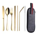 Portable gold stainless steel cutlery set with grey felt pouch for outdoor travel use. - Black Bag and Gold 8-Piece Set / Knife Spoon Fork Chopsticks Straw Brush