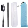Portable stainless steel spork chopsticks set with clear case and blue mesh bag for travel. - Cutlery Set with Blue Bag / Black