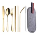 Gold Stainless Steel Cutlery Set Portable Tableware with Gray Storage Pouch Variant - Grey Bag + Gold 8-Piece Set / Knife Spoon Fork Chopsticks Straw Brush