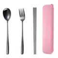 Portable stainless steel travel cutlery set with spoon fork chopsticks and pink case. - Powder Case - Black