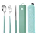 Tragbares 304 Edelstahl Besteckset in Gruen mit Löffel Gabel Stäbchen und Aufbewahrungsbox - 3-teiliges Set aus Löffel, Gabel & Essstäbchen in hellem Dunkelgrün mit Netzbeutel