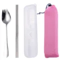 Portable 304 stainless steel cutlery set with fork spoon chopsticks case and pink pouch - Cutlery Set with Pink Bag / Silver