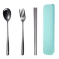 Portable stainless steel cutlery set with black titanium finish, spoon, fork, chopsticks and case. - Green Case-Black