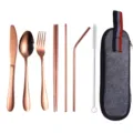 Rose gold stainless steel portable cutlery set with knife fork spoon chopsticks and grey pouch. - Black Bag and Rose Gold 8-Piece Set / Knife Spoon Fork Chopsticks Straw Brush