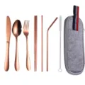 Portable rose gold stainless steel cutlery set with grey felt storage pouch, eco-friendly tableware. - Grey Bag + Rose Gold 8-Piece Set / Knife Spoon Fork Chopsticks Straw Brush