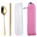 Portable 304 stainless steel gold titanium plated cutlery set with storage box and mesh bag. - Cutlery Set with Pink Bag / Gold