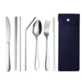 Tragbares Edelstahl Besteckset mit Tasche, wiederverwendbare Gabel, Löffel, Messer und Strohhalme. - 7-teiliges Set / Dunkelblaue Tasche + Natürlicher Stahl