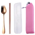 Portable 304 stainless steel cutlery set with rose gold fork, chopsticks and storage bag. - Cutlery Set with Pink Bag / Rose Gold