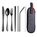 Portable Stainless Steel Cutlery Set Black Tableware with Grey Felt Storage Bag SKU - Black 8-Piece Set with Black Bag / Knife Spoon Fork Chopsticks Straw Brush