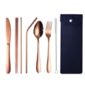 Tragbares Besteckset Variante aus Roségold Edelstahl mit blauem Beutel und Strohhalm - 7-teiliges Set / Dunkelblaue Tasche + Roségold