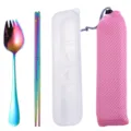 Portable stainless steel rainbow cutlery set with spoon, chopsticks, box and pink pouch. - Cutlery Set with Pink Bag / AB Color